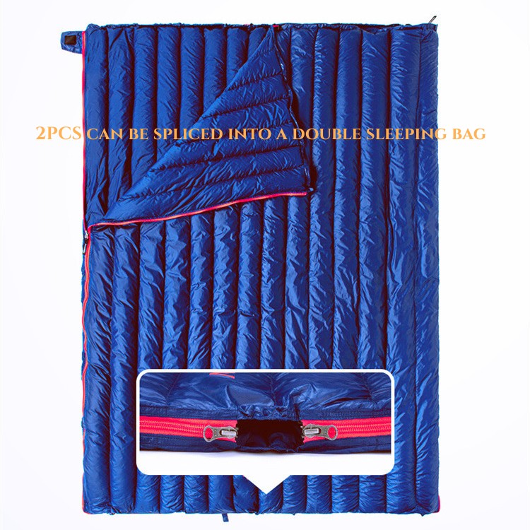 Rectangular down sleeping bag without hood, flat lay design for camping and indoor use