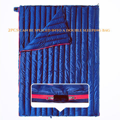 Rectangular down sleeping bag without hood, flat lay design for camping and indoor use